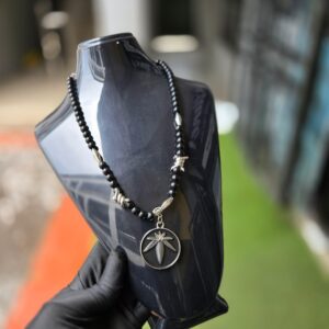 Black Beaded Necklace with Leaf Pendant