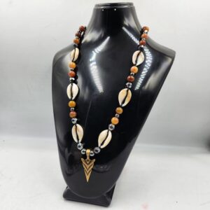 Tribal Cowrie Shell Necklace with Brown Beads and Arrow Pendant